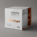 Matcha Okumidori packaging with 'coffeeangel' branding on a gray background