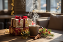 warm seasonal visual - coffee + wrapped gifts / table scene